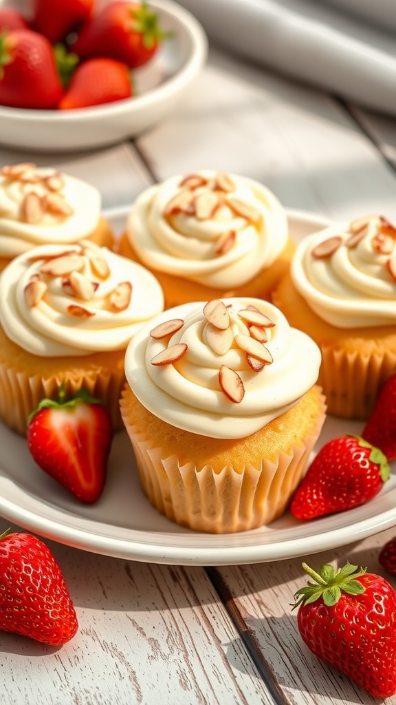 A plate of keto vanilla almond flour cupcakes topped with cream cheese frosting and almond slivers.